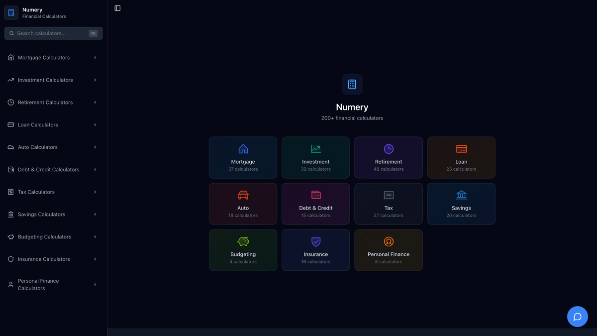 Numery homepage with financial calculator categories