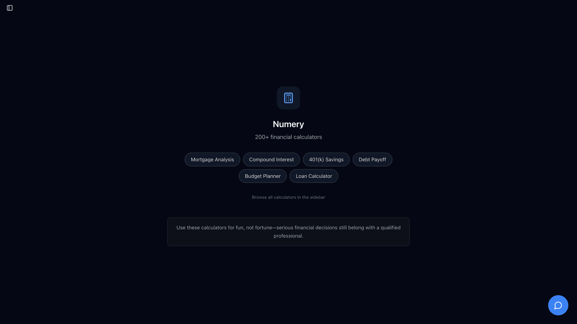 Numery homepage with financial calculator categories